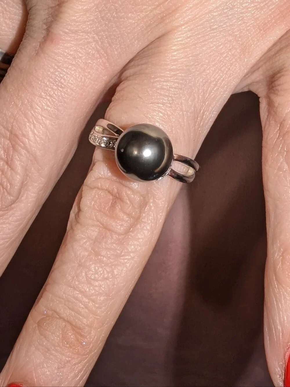 Cultured Black Tahitian Pearl W/ White Zircon Rhodium Over 925 Sterling Ring Sz8